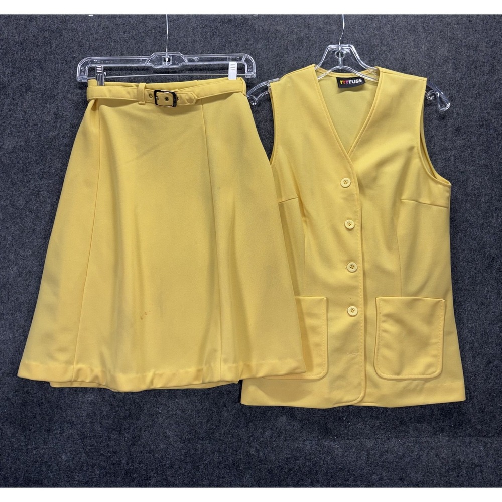 Vintage 60 70s Skirt Suit Set Women Mod Gogo Butter Yellow USA Belt Betty Draper